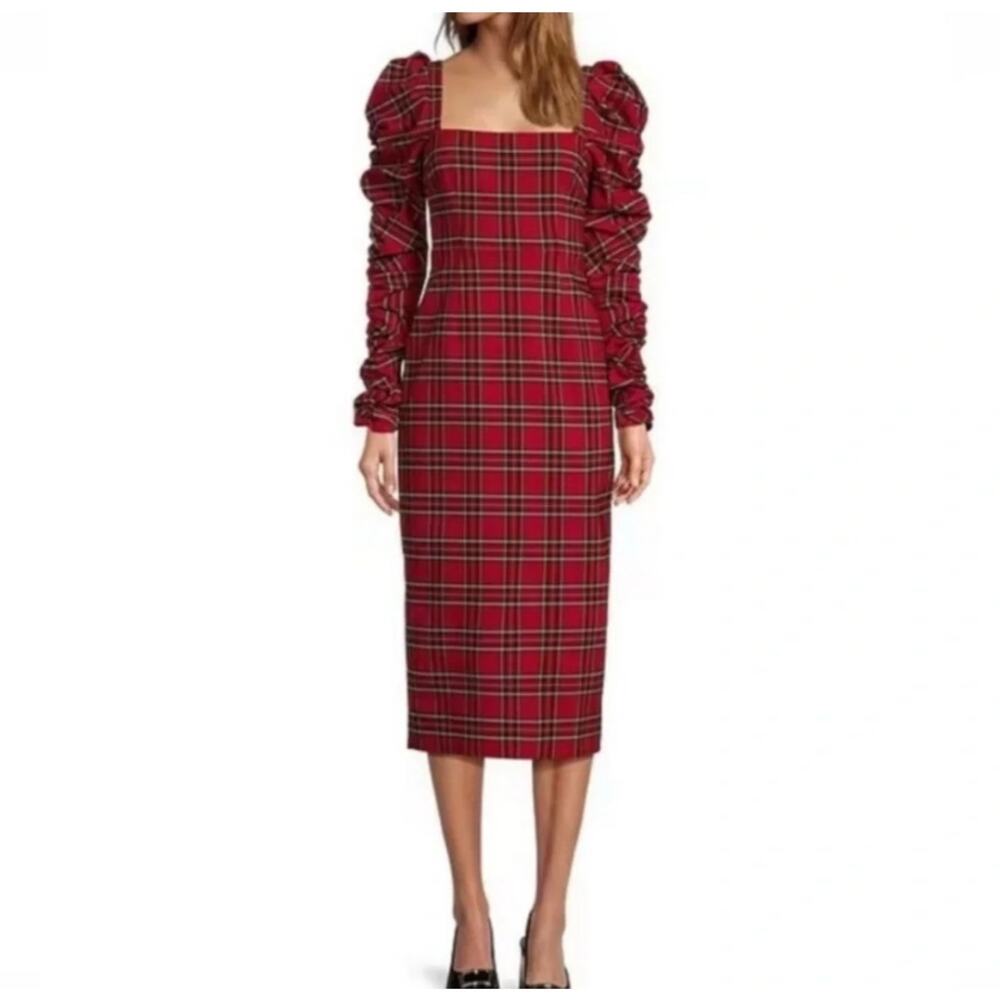 Antonio Melani Elena Plaid Square Neck Long Ruched Sleeve Dress Size 8 $199